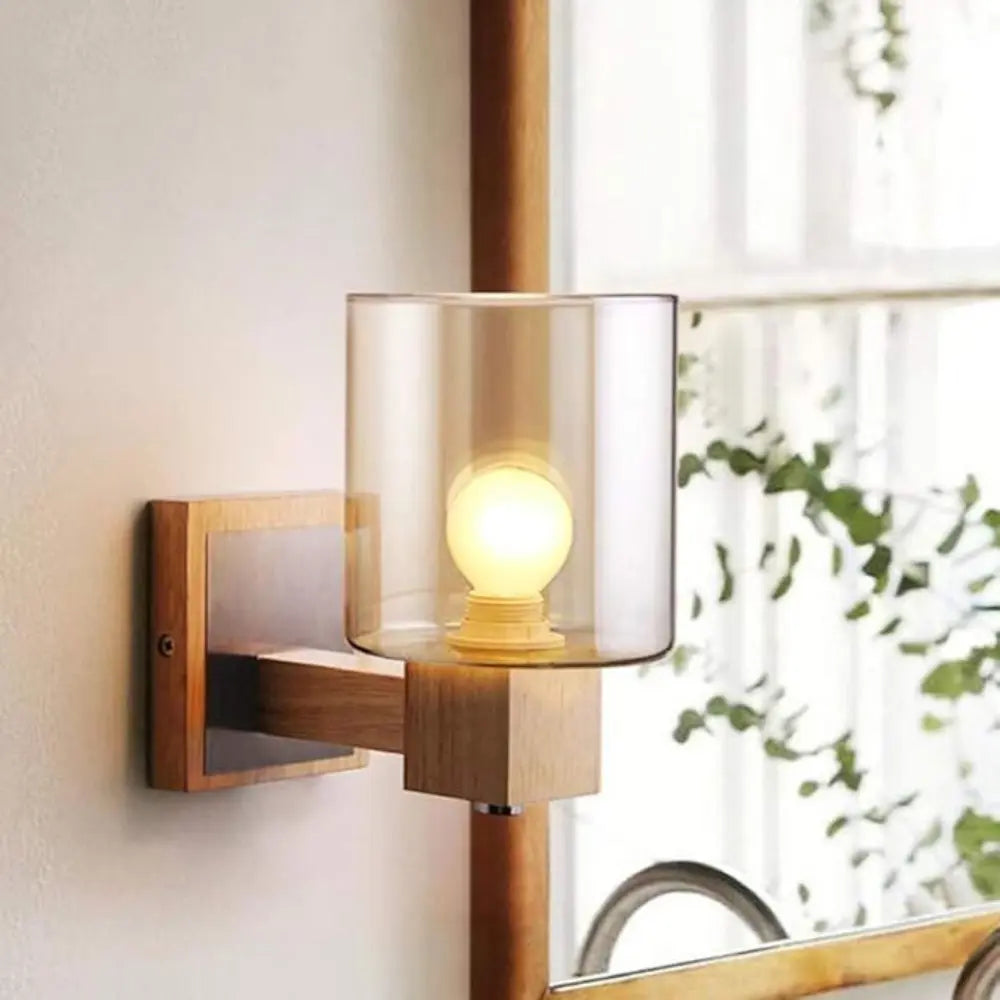 Modern Wall Light  Glass Shade with Natural Wood Mount - Detailed view
