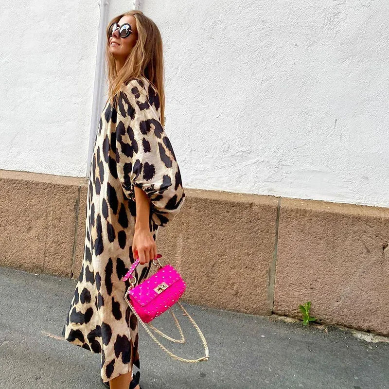 Leopard Print Midi Dress  V-Neck Lantern Sleeve Design - Detailed view