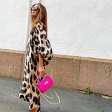 Leopard Print Midi Dress  V-Neck Lantern Sleeve Design - Detailed view