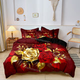 Romantic Floral Duvet Set  Red  Gold Rose Print - Product showcase