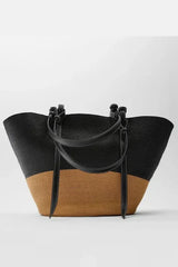 Woven Straw Tote Bag  Leather Trim Natural Finish - Product example