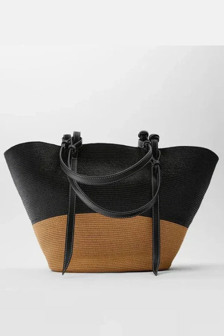 Woven Straw Tote Bag  Leather Trim Natural Finish - Product example