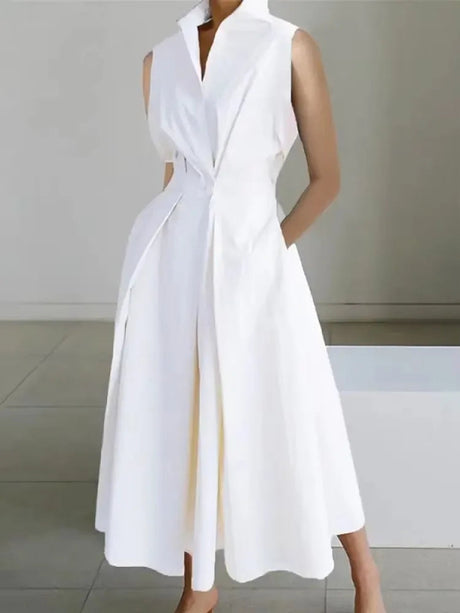 Elegant White Midi Dress  Tailored A-Line Lapel Design - Product showcase