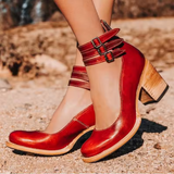 Vintage Block Heel Pumps  Red Leather Double Ankle Strap - Product showcase