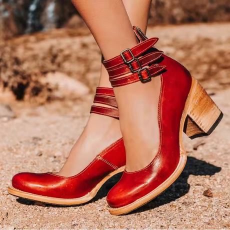 Vintage Block Heel Pumps  Red Leather Double Ankle Strap - Product showcase