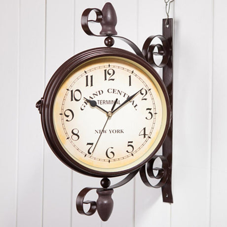Vintage Station Wall Clock  Double-Sided Metal Mount Design - Product showcase