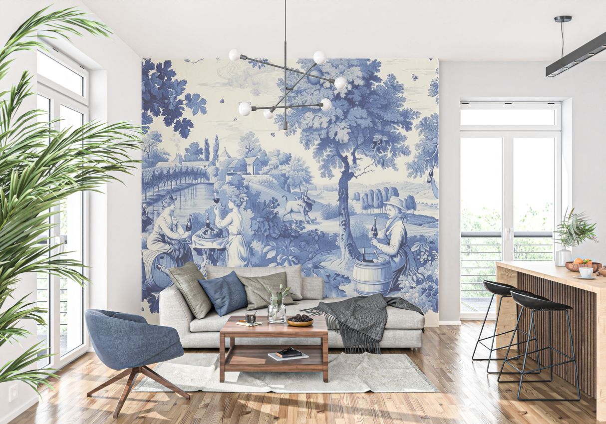 Vintage Mural Wallpaper | Blue Toile de Jouy Countryside Scene