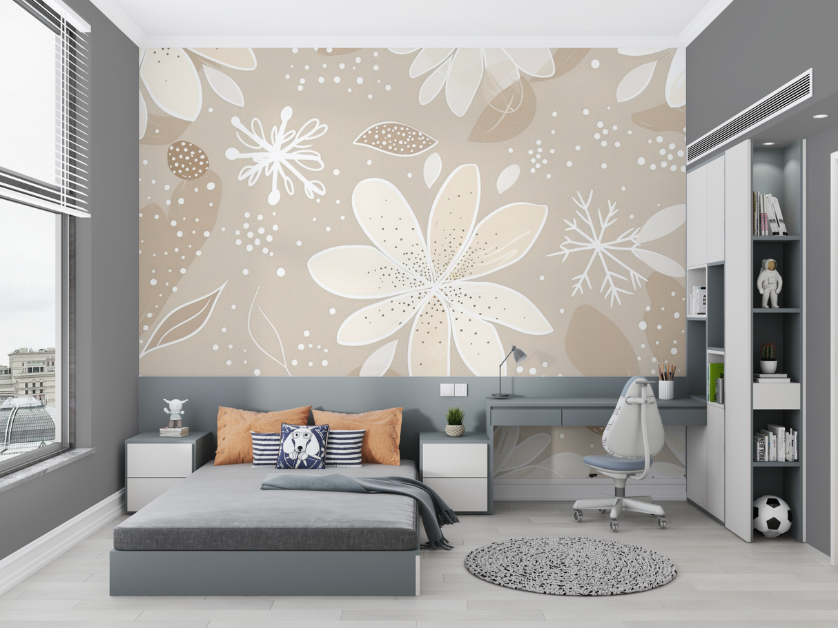 Floral Mural Wallpaper | Elegant Beige Snowflake Design