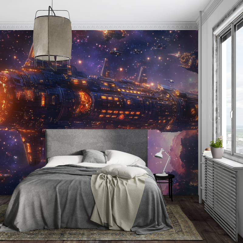 Space Ship Mural Wallpaper | Galactic Battle Cruiser in Purple Nebula