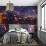 Space Ship Mural Wallpaper | Galactic Battle Cruiser in Purple Nebula