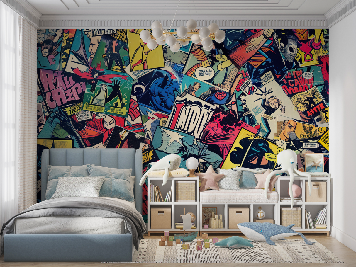 Comic Book Mural Wallpaper | Retro Superhero Collage Design