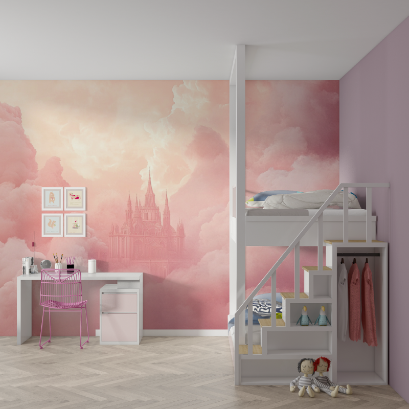 Princess Castle Mural Wallpaper | Dreamy Pink Clouds Fantasy