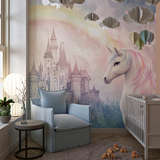 Princess Mural Wallpaper | Magical Unicorn and Castle with Rainbow