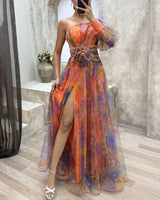 Watercolor Evening Gown  One Shoulder Multicolor Tulle Design - Product example