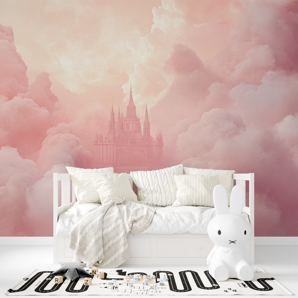Princess Castle Mural Wallpaper | Dreamy Pink Clouds Fantasy