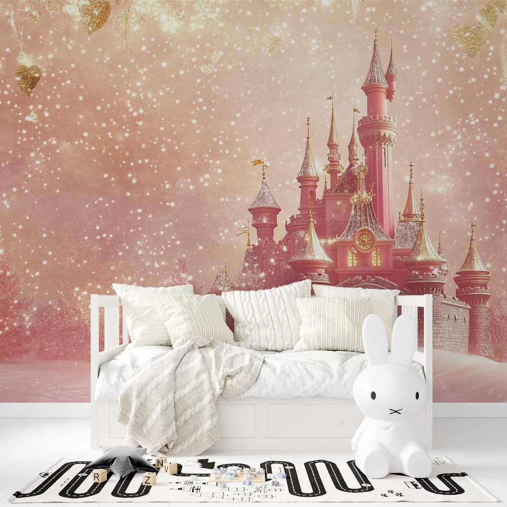 Princess Castle Mural Wallpaper | Magical Pink and Gold Design