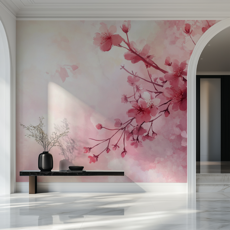 Cherry Blossom Mural Wallpaper | Japanese Watercolor Design