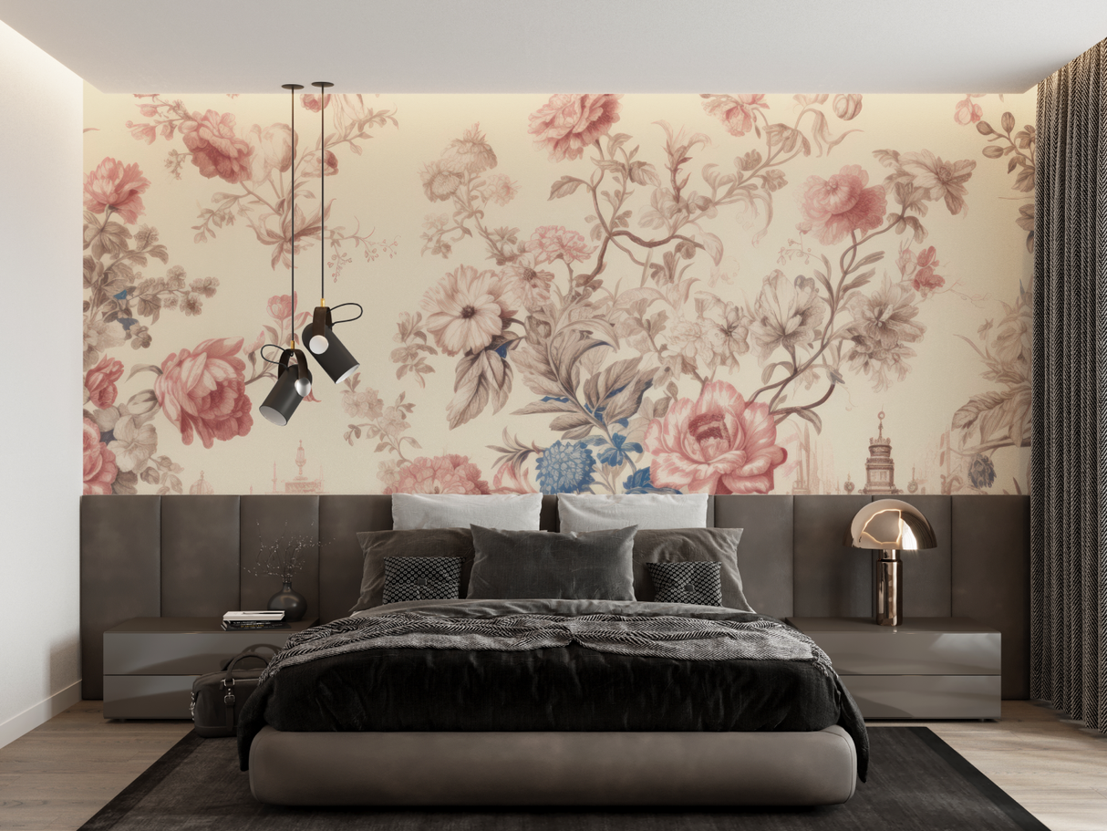 Vintage Floral Mural Wallpaper | French Toile de Jouy Blue and Pink