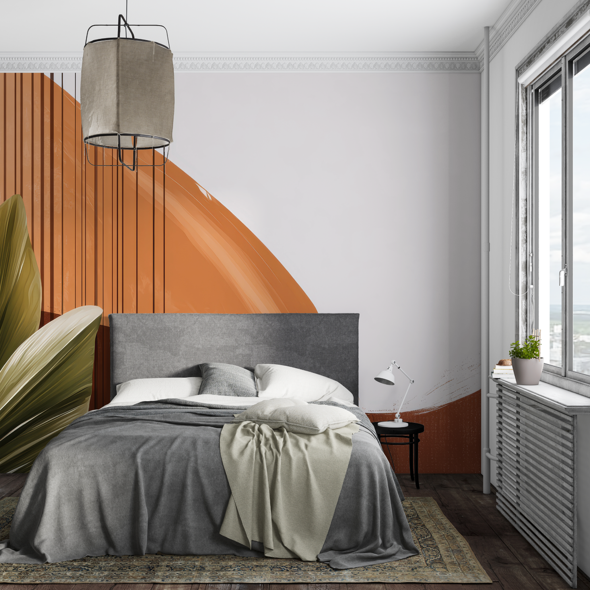 Abstract Mural Wallpaper | Modern Terracotta Curves with Lines