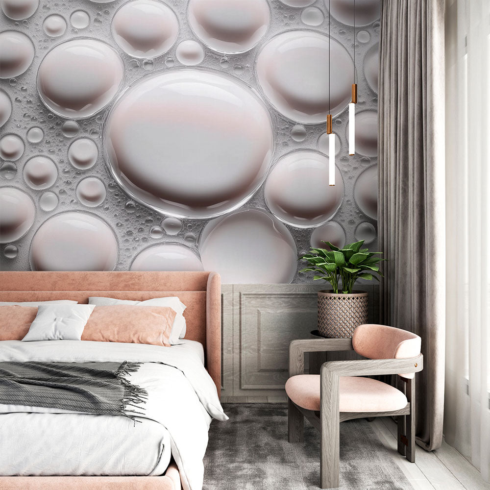 Modern 3D bubble wallpaper creating depth in a bright living room, floating spheres catch natural light