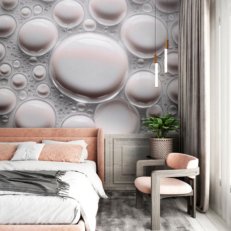 Modern 3D bubble wallpaper creating depth in a bright living room, floating spheres catch natural light