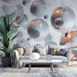 Modern bubble wallpaper creating depth in a minimalist living room with floating 3D spheres catching natural light