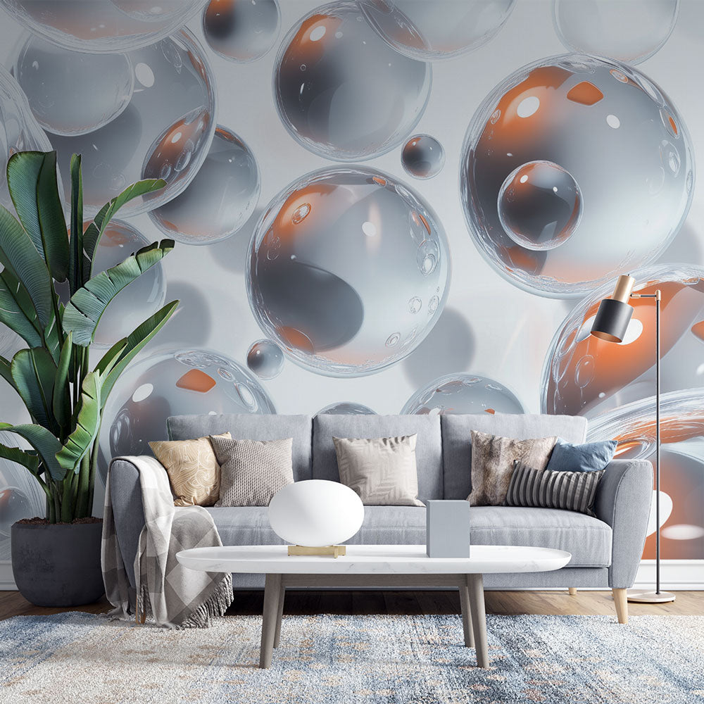 Modern bubble wallpaper creating depth in a minimalist living room with floating 3D spheres catching natural light