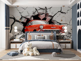 3D car wallpaper creating dramatic effect in modern living room with grey sofa and minimalist decor