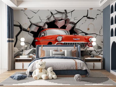 3D car wallpaper creating dramatic effect in modern living room with grey sofa and minimalist decor