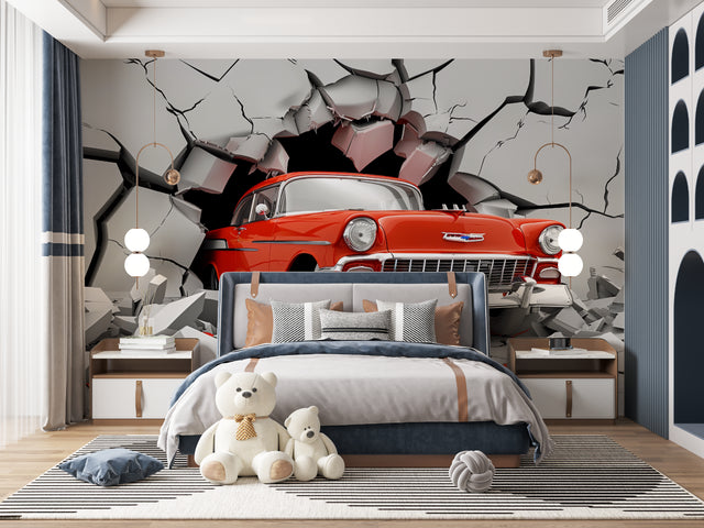 3D car wallpaper creating dramatic effect in modern living room with grey sofa and minimalist decor