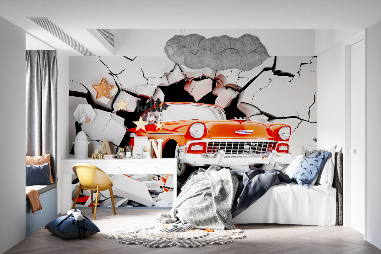 Vintage car breaking wall mural installed in teen bedroom showing incredible depth effect