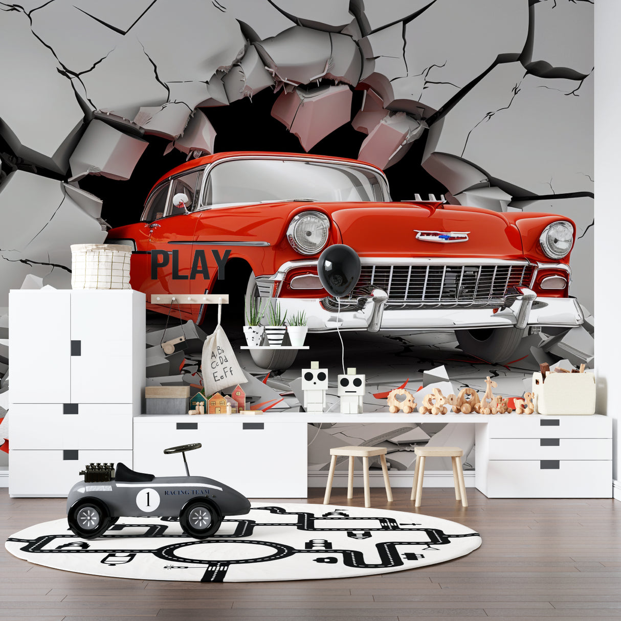 Classic red car mural making statement in office space with modern furniture