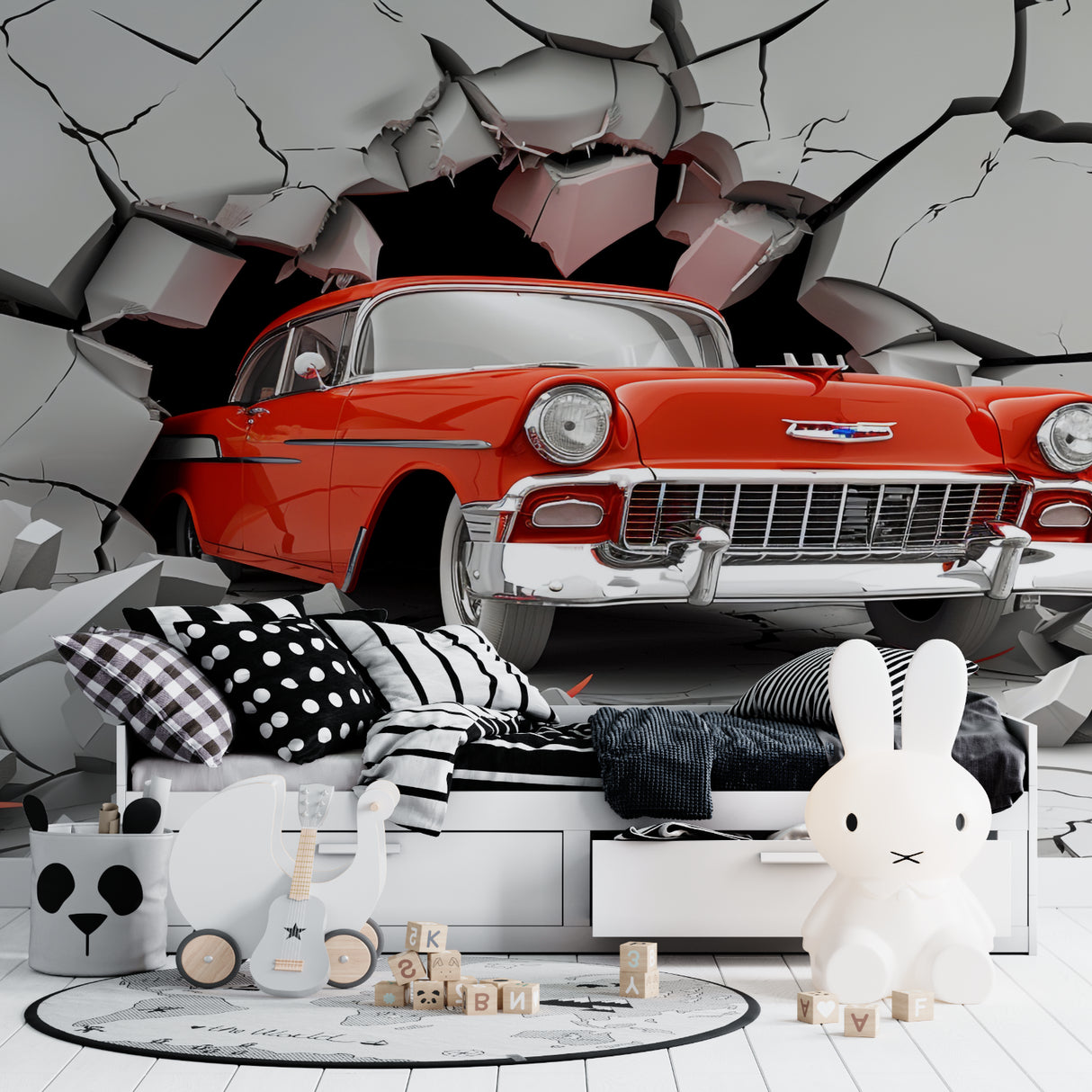 3D wall mural showcasing vintage car in man cave entertainment space