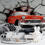 3D wall mural showcasing vintage car in man cave entertainment space