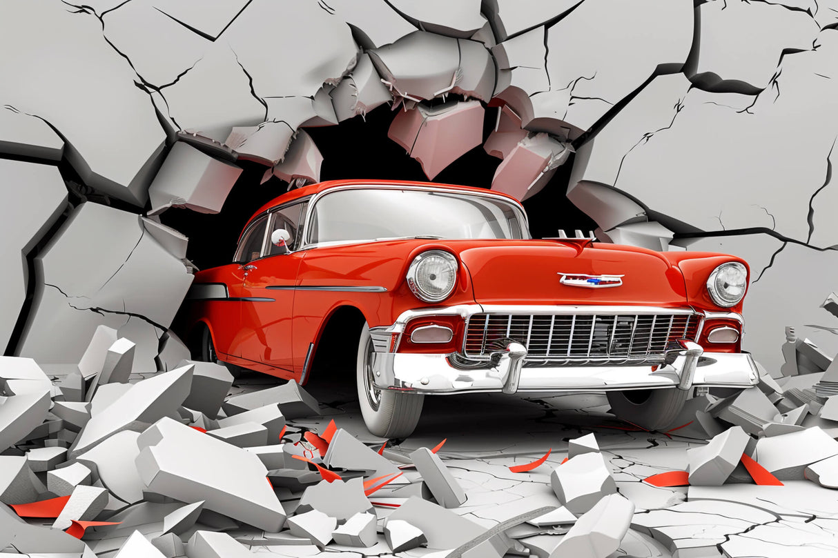 Design file showing detailed 3D vintage car breaking through concrete wall pattern