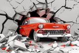 Design file showing detailed 3D vintage car breaking through concrete wall pattern