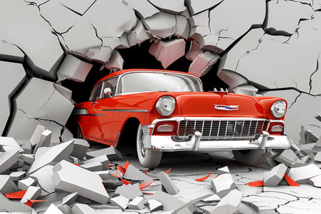 Design file showing detailed 3D vintage car breaking through concrete wall pattern