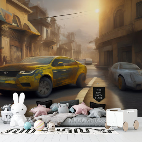 3D car wallpaper creating dramatic effect in modern living room with blue Jeep breaking through concrete wall