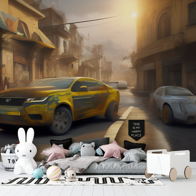 3D car wallpaper creating dramatic effect in modern living room with blue Jeep breaking through concrete wall