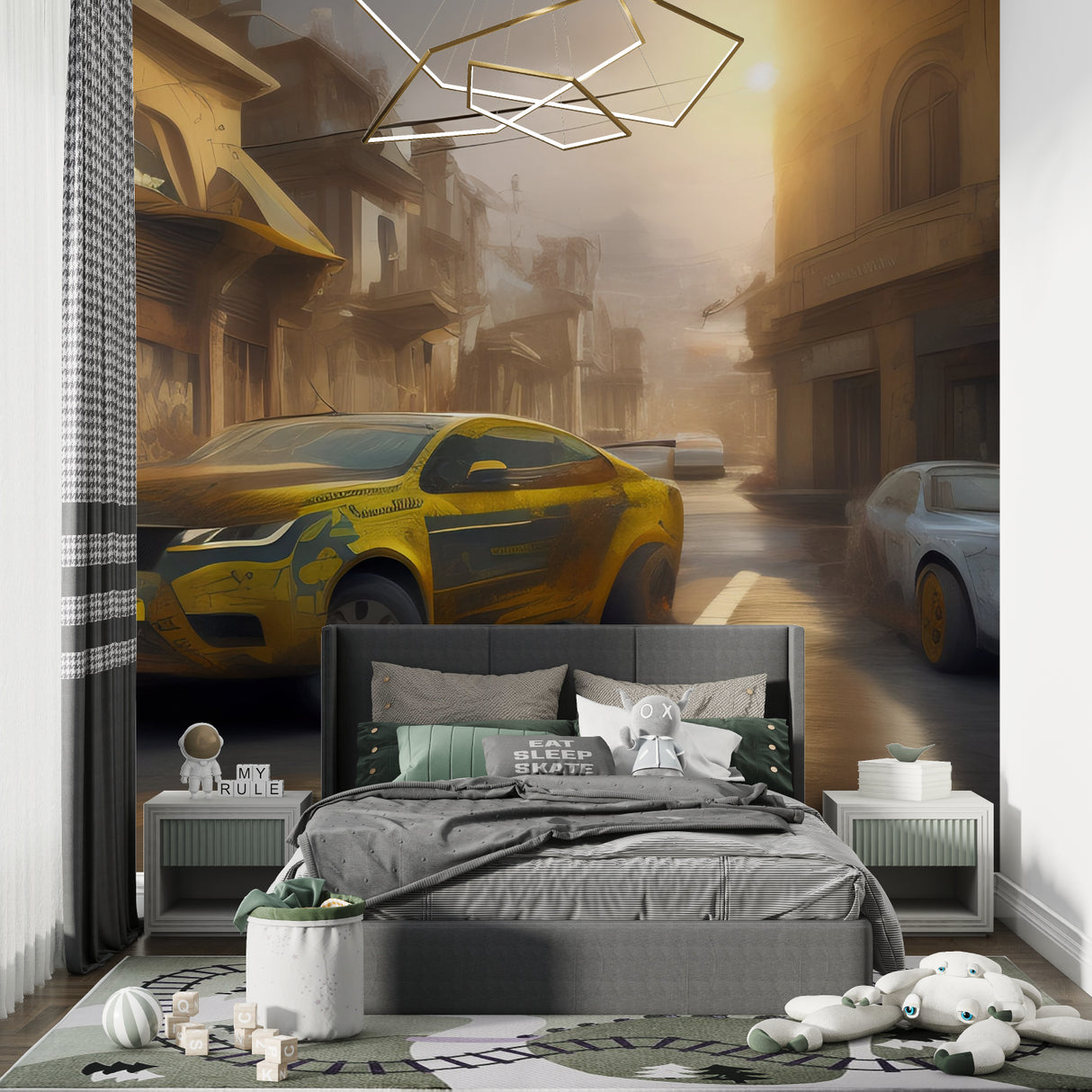 Garage-themed room featuring 3D Jeep wallpaper with perfect lighting setup