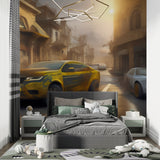 Garage-themed room featuring 3D Jeep wallpaper with perfect lighting setup