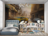 Teen bedroom wall with 3D car mural showing off-road vehicle bursting through concrete