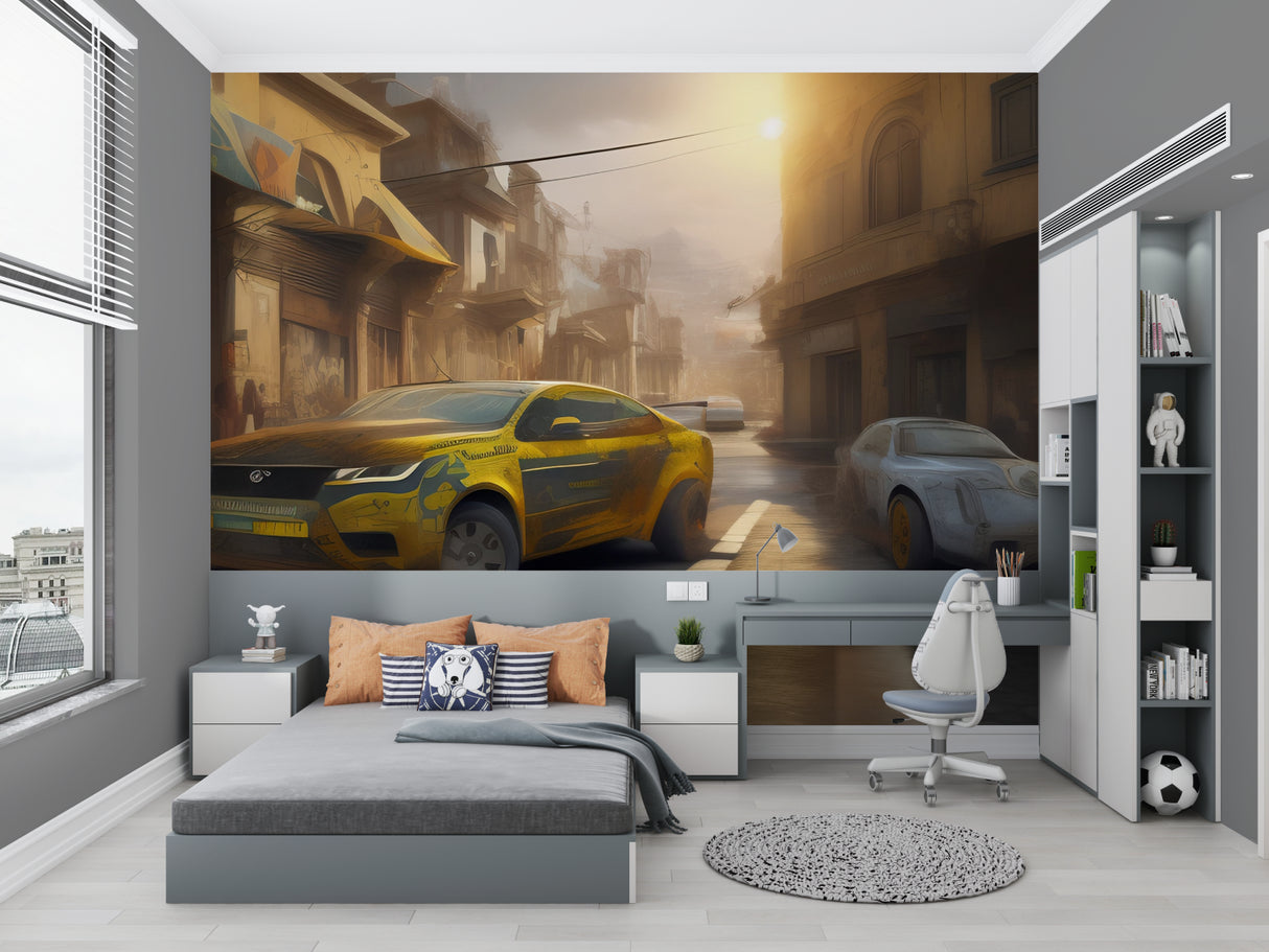 Man cave decorated with 3D Jeep wallpaper creating immersive automotive atmosphere