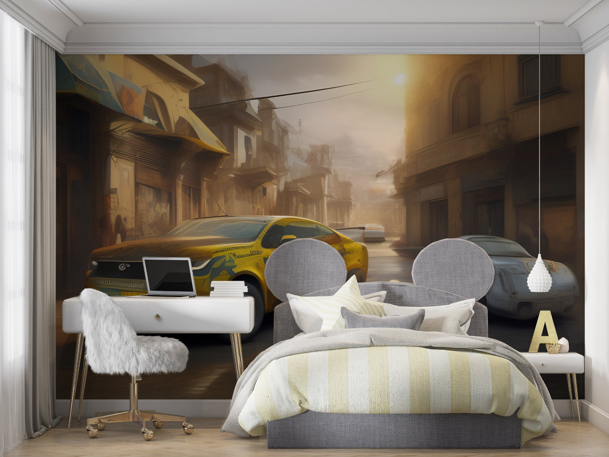 Game room featuring 3D car wallpaper with dramatic lighting effects