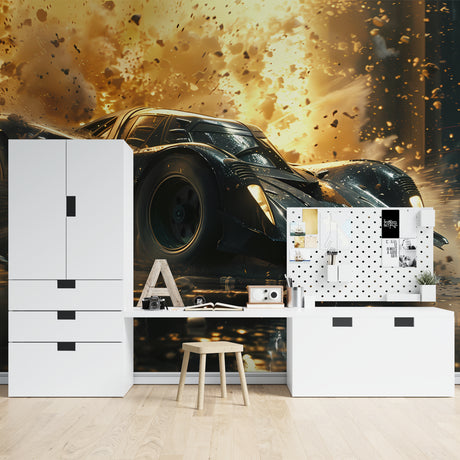 3D car wallpaper creating dramatic effect in modern living room with leather sofa and ambient lighting