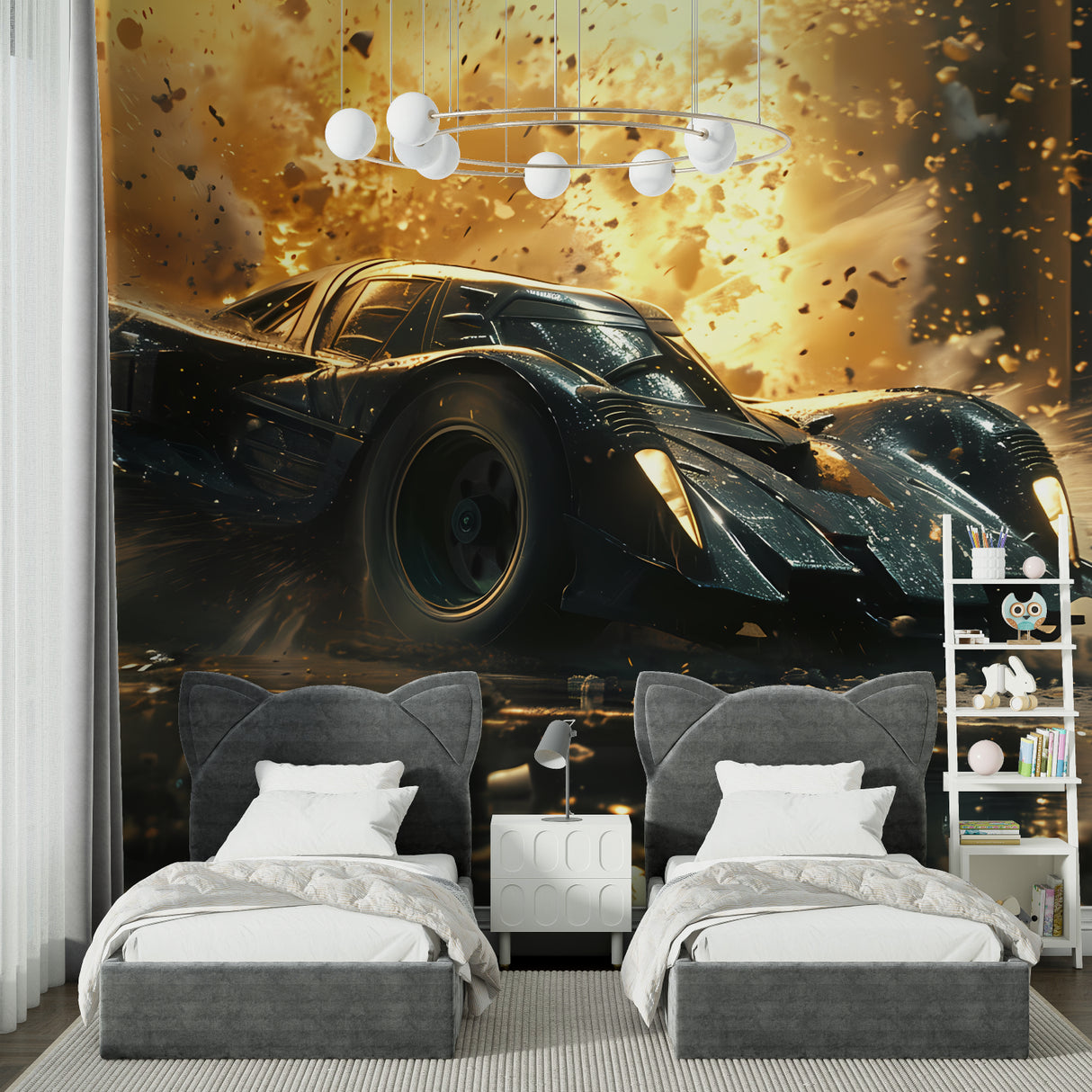 3D car wallpaper making statement in home office with industrial furniture