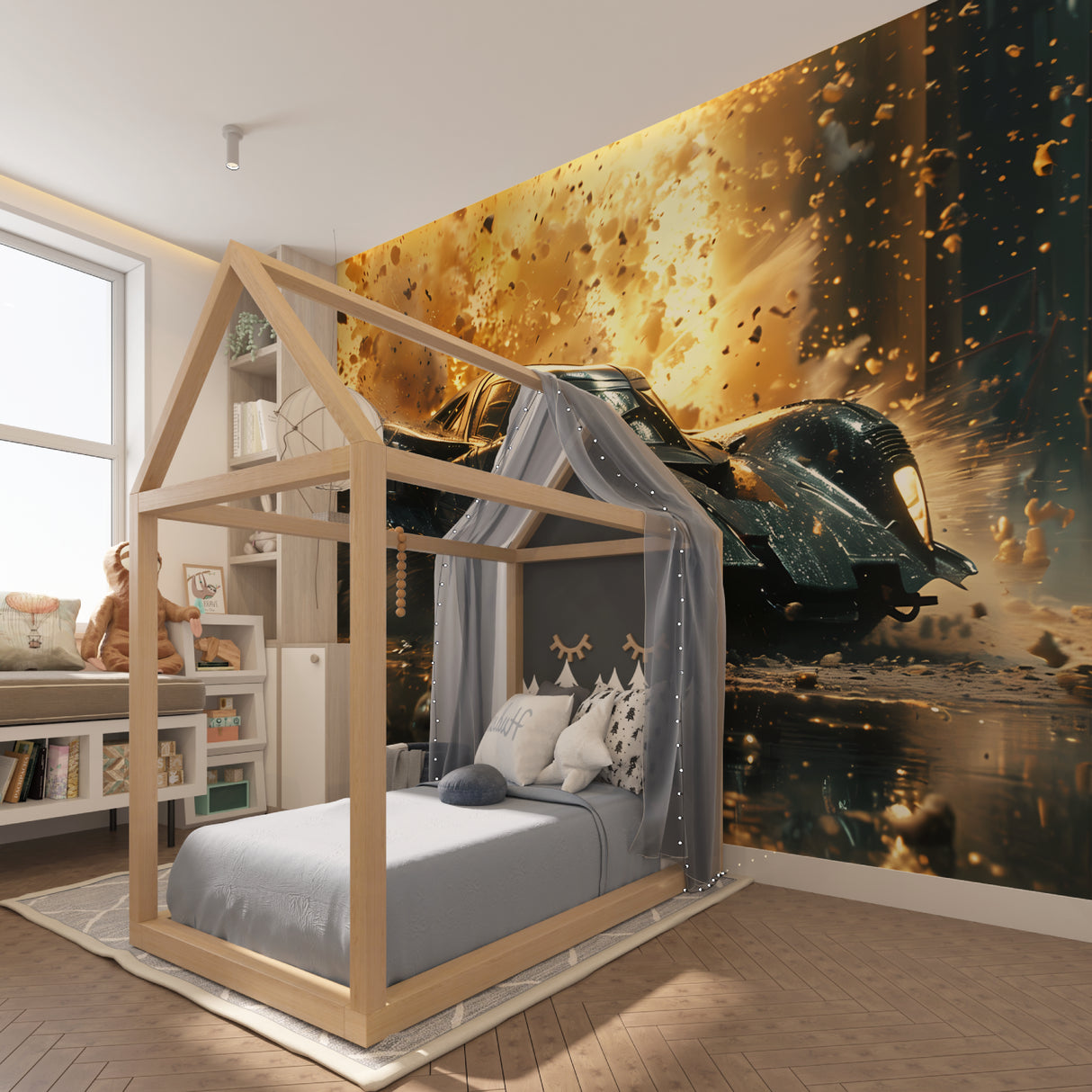 Automotive wall mural transforming garage space with realistic breaking effect