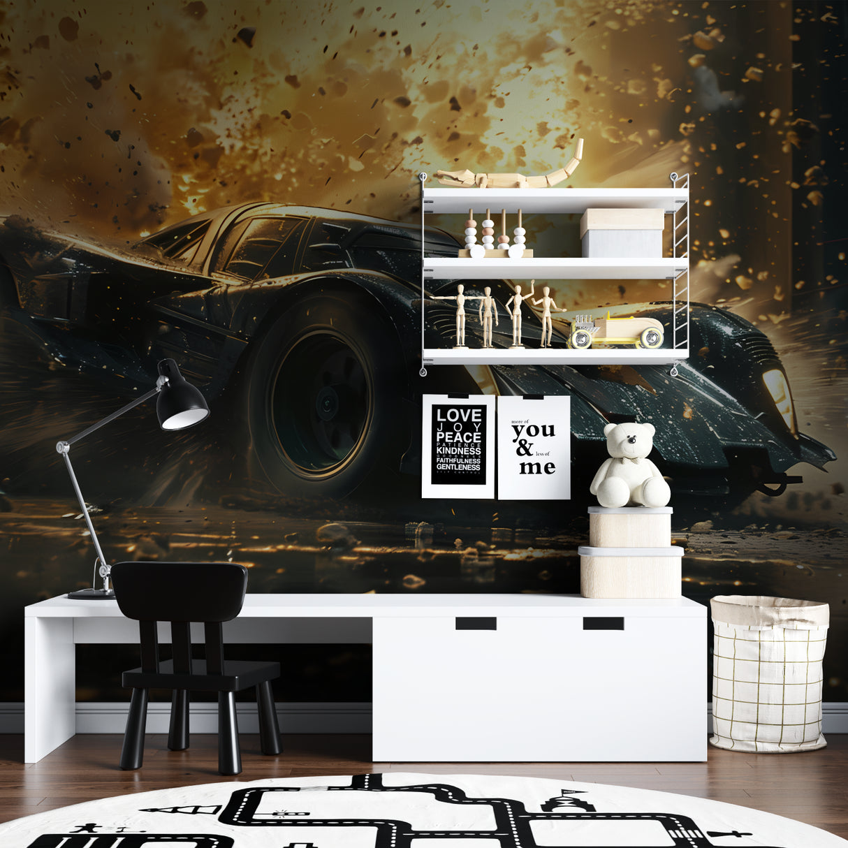 Car breaking through wall design installed in game room showing perspective