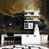 Car breaking through wall design installed in game room showing perspective