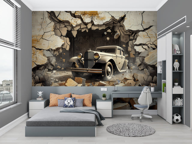 3D Car Mural Wallpaper in modern living room showing vintage automobile breaking through textured wall
